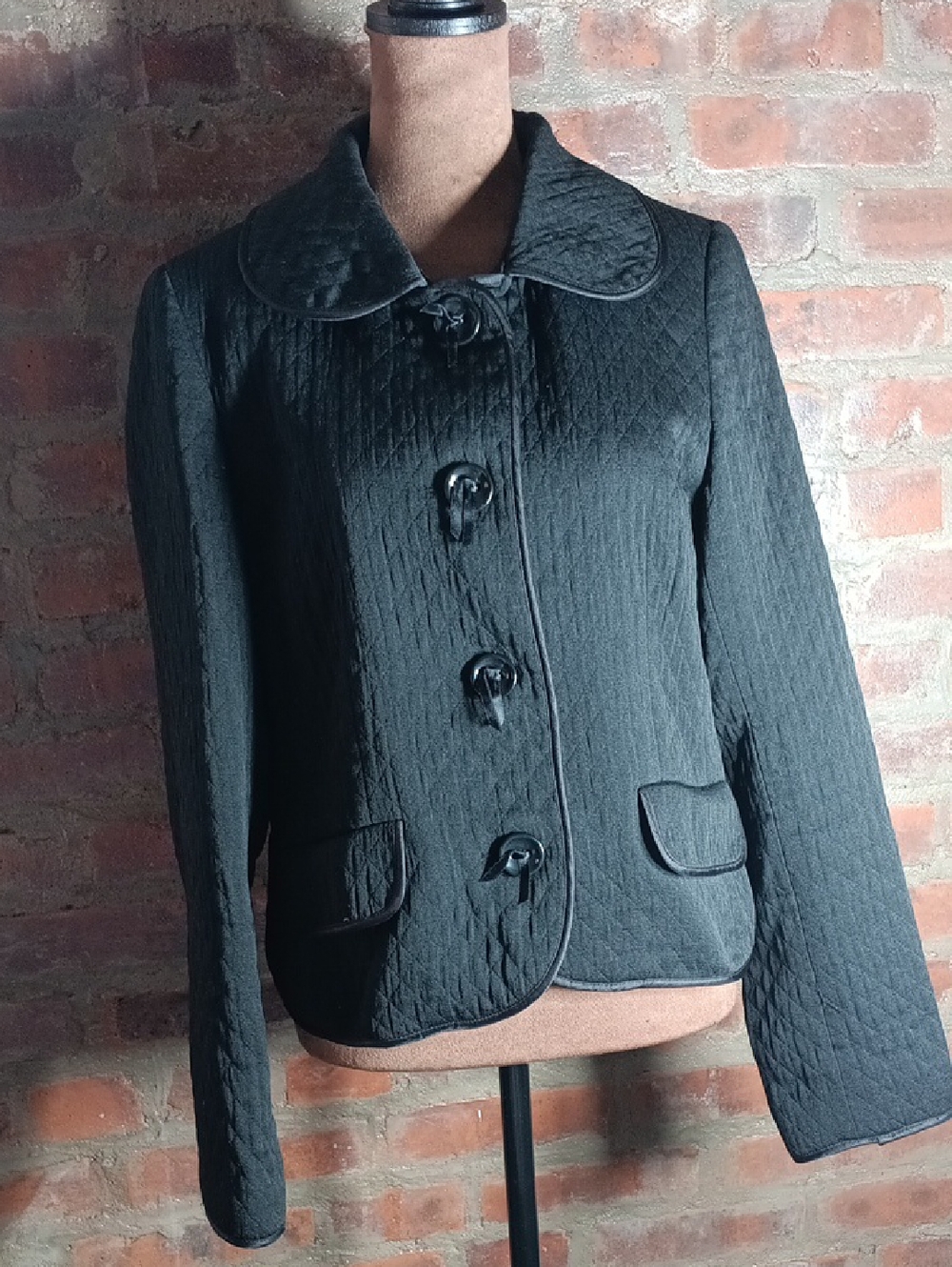H&M Black Quilted Blazer Jacket Size 10 Piped Trim Button Front